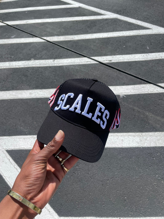 Black trucker hat Flames trucker hat pair of scales clothing 